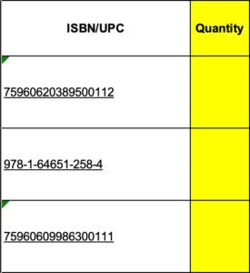 Close-up of an Excel spreadsheet showing the ISBN/UPC column and Quantity column. 