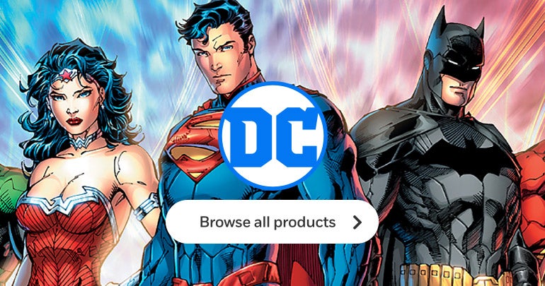 DC Comics' spotlight featuring "The New 52" including characters: Wonder Woman, Superman, and Batman. Overlaying the character line-up are the DC logo and a button that reads "Browse all products".