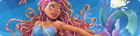 Disney mermaid, Arial, with flowing hair and a fish swimming beside her in a vibrant underwater scene.