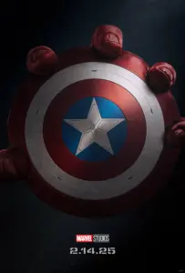 Captain America: Brave New World poster, showing Captain America's shield being held by the giant hand of Red Hulk, the Marvel Studios logo, and the film's release date of 2/14/2025